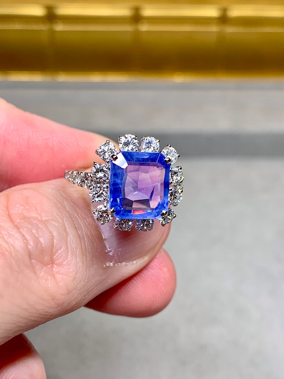 Thumbnail: Estate Platinum Square Step Cut No Heat Corflower Blue Sapphire Diamond Ring GIA