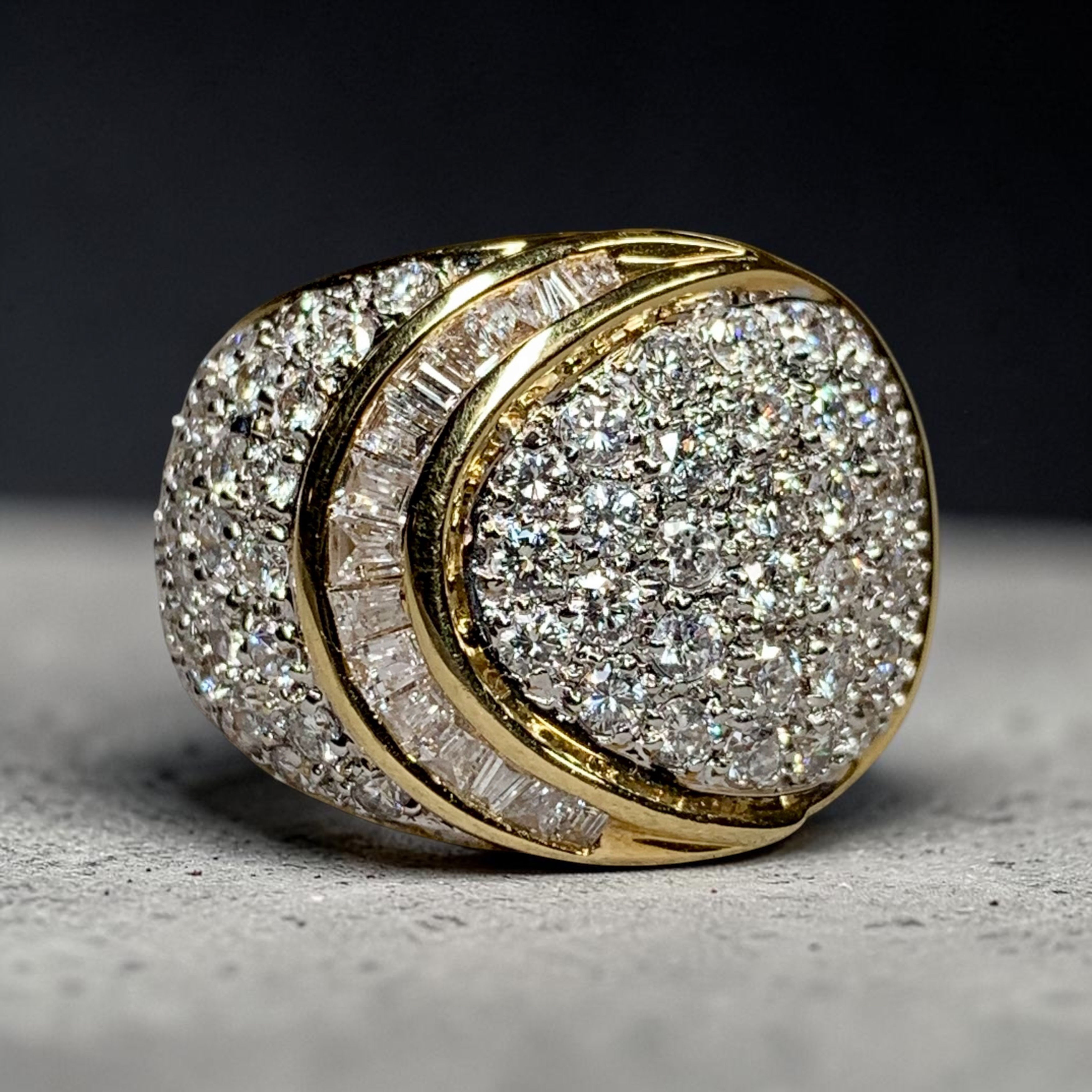 Estate 18K Pavé Round Baguette Diamond Channel Set Large Dome Cocktail Ring