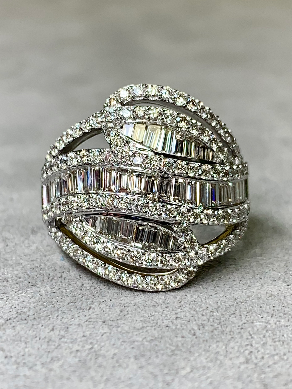 Thumbnail: Estate 18K White Gold Baguette Round Diamond Wide Openwork Cocktail Ring Sz 6.5