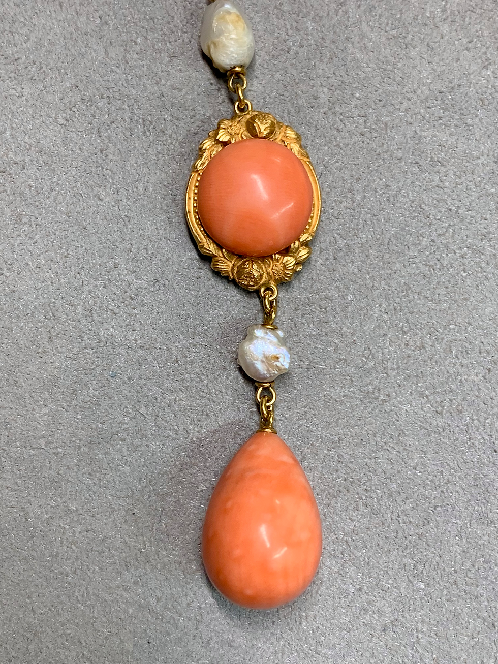 Thumbnail: Antique Art Nouveau 18K Floral Motif Cabochon Pink Coral Pearl Y - Drop Necklace
