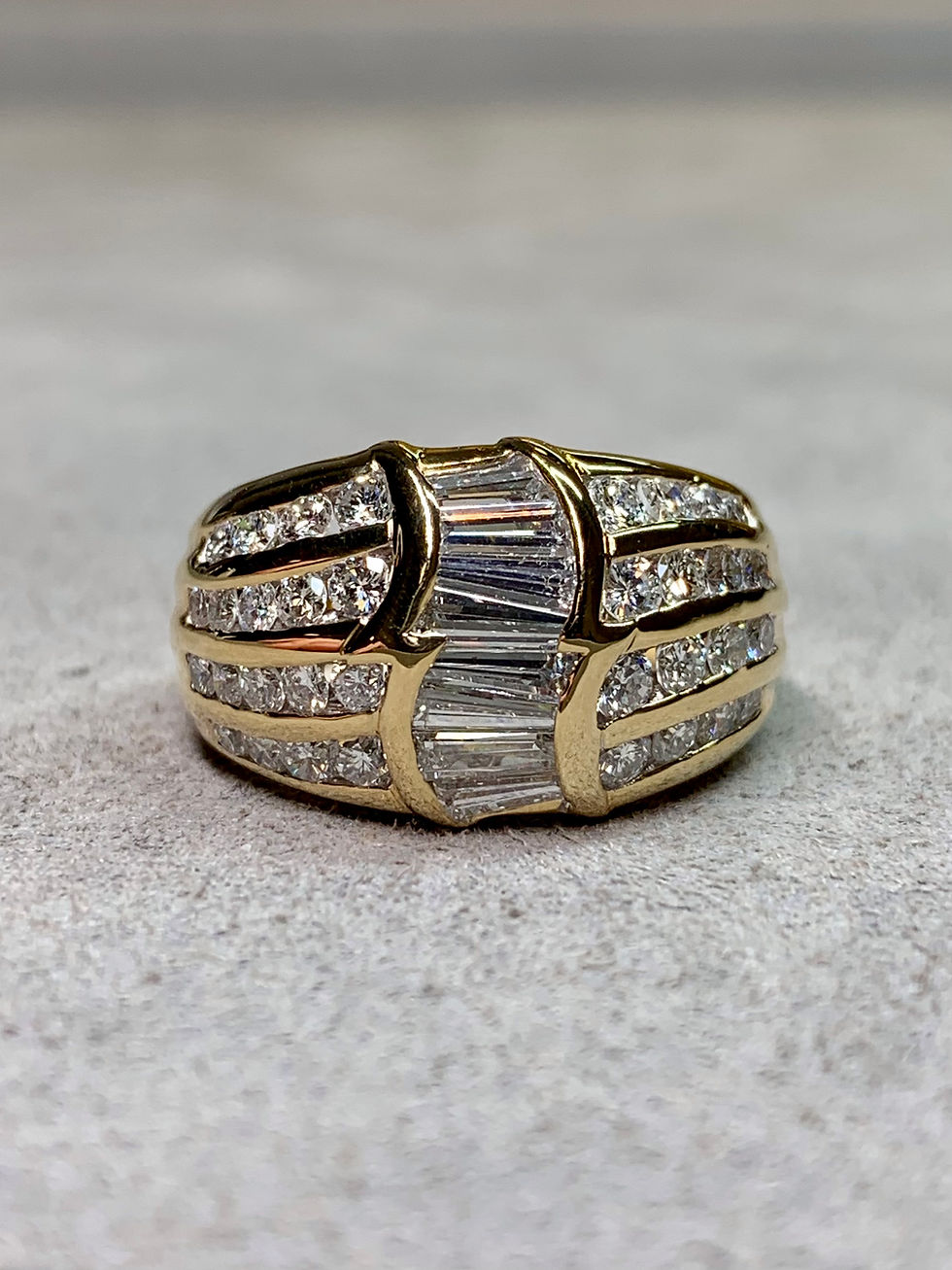 Thumbnail: Estate 18K Yellow Gold Channel Set Tapered Baguette Round Diamond Cocktail Ring