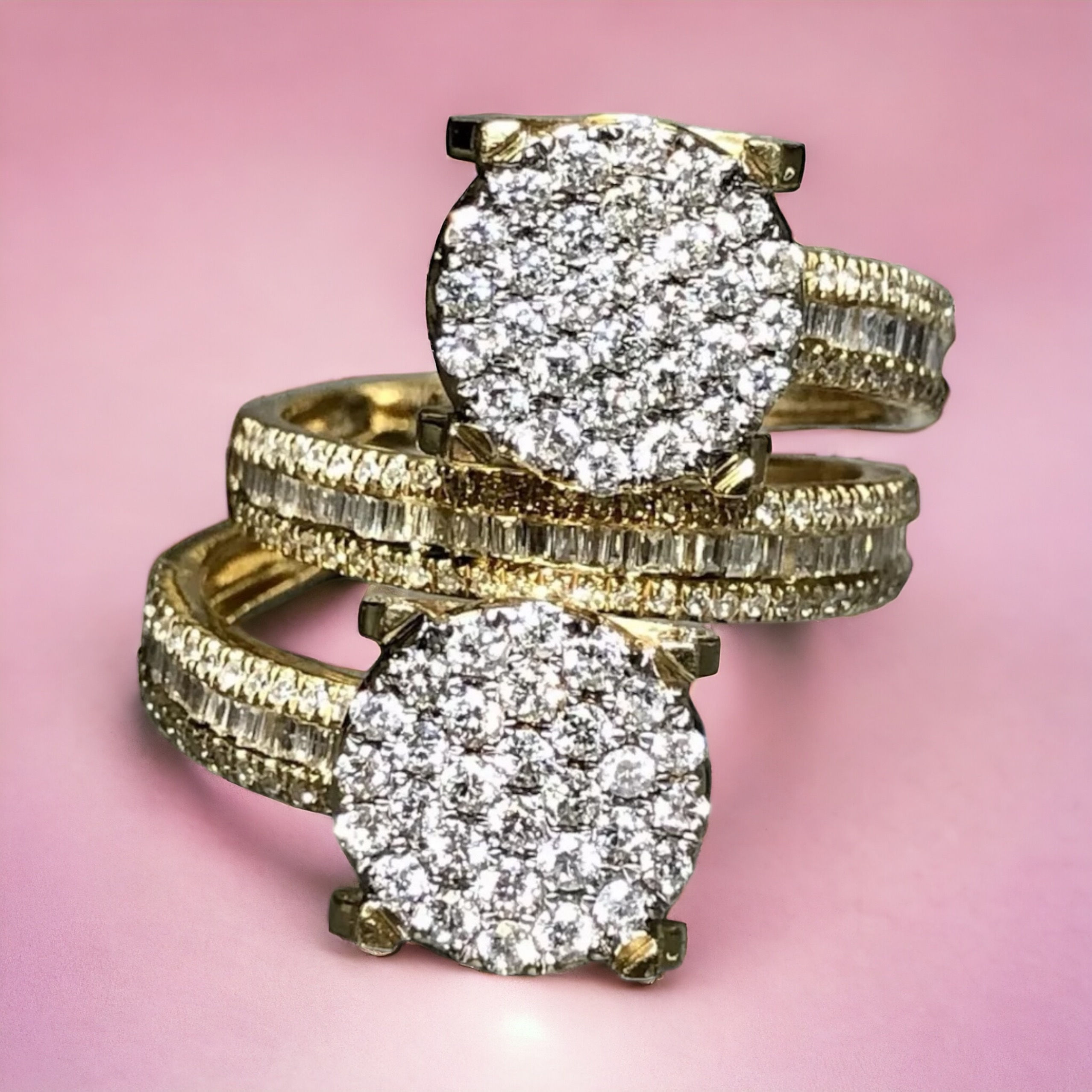 Estate 14K Round Baguette Diamond Bypass Circular Disk Cocktail Ring 3ct Sz 7.25