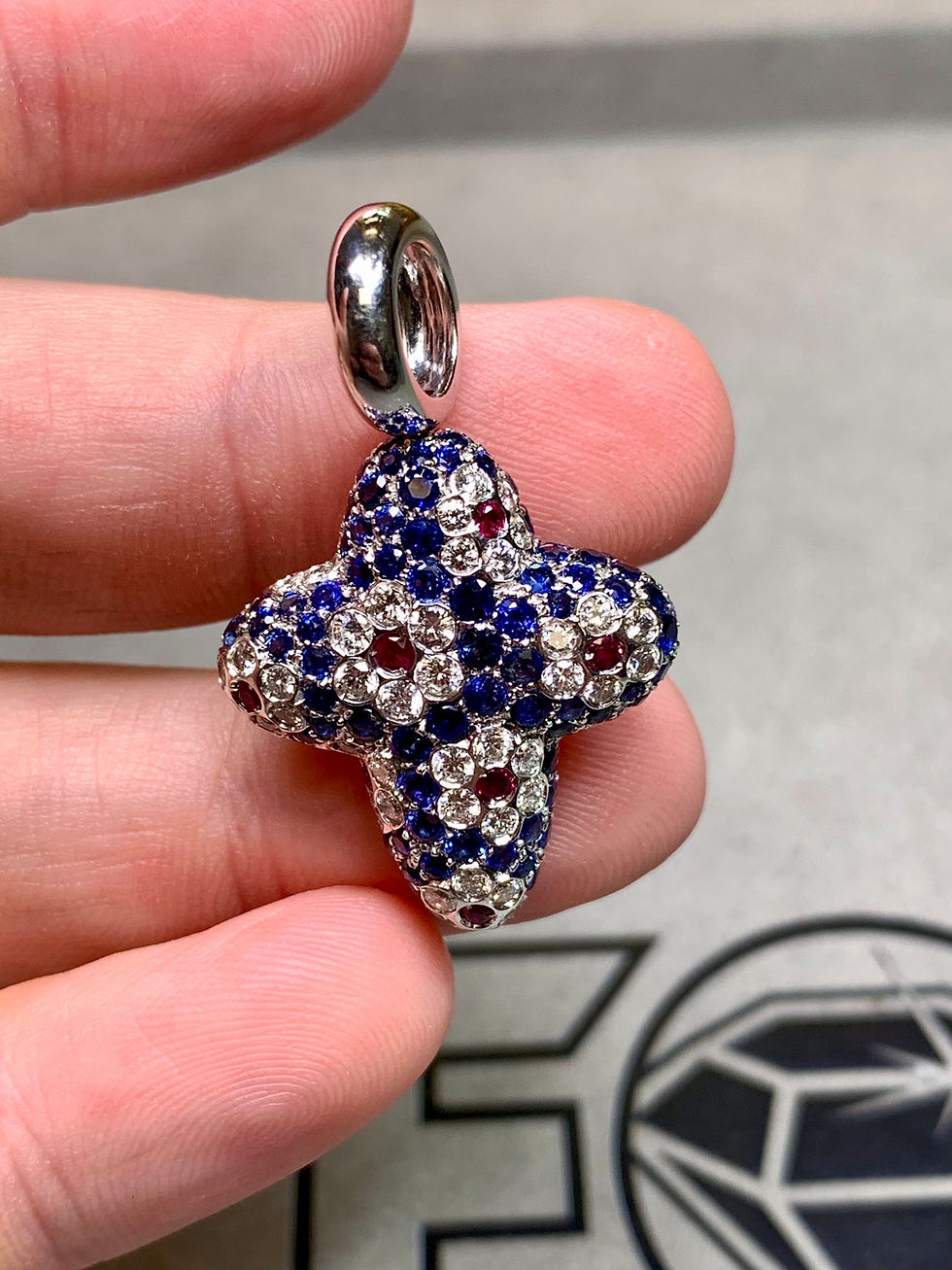 Thumbnail: Estate 18K White Gold Diamond Sapphire Ruby Puffed Cross Pendant 5.30ctw