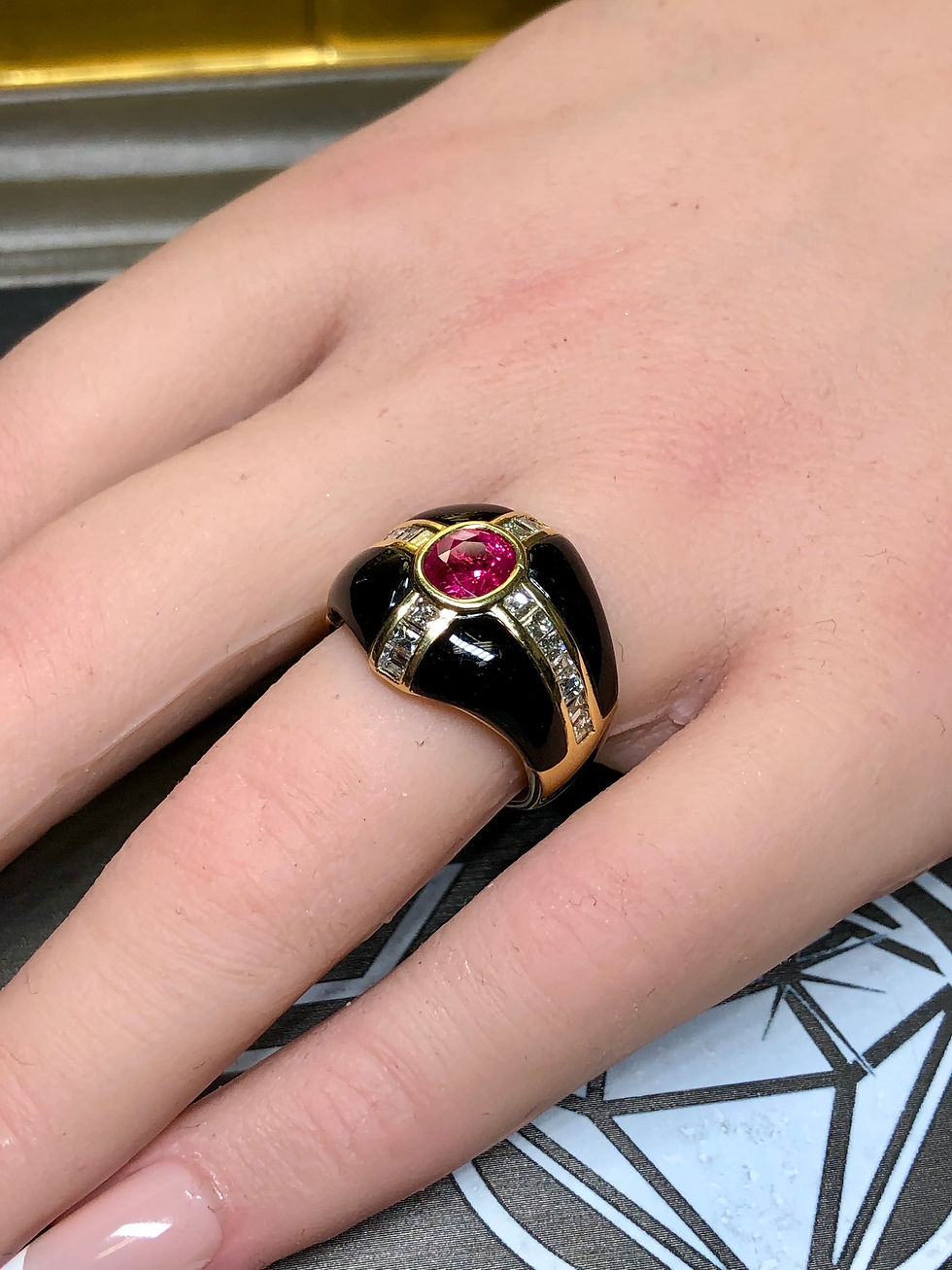 Thumbnail: Estate 18K Yellow Gold Carre Square Baguette Diamond Ruby Onyx Cocktail Ring GIA