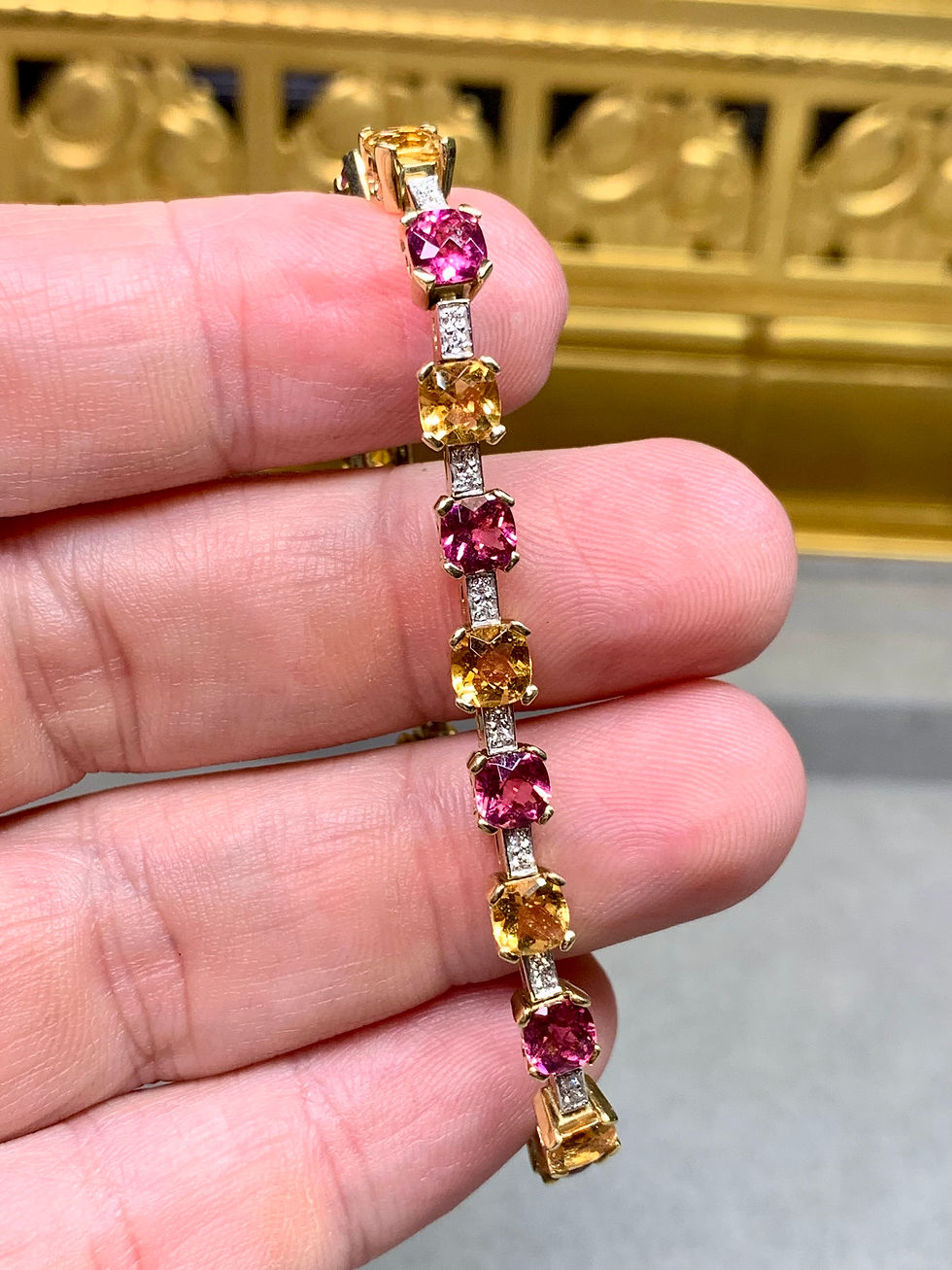 Thumbnail: 14K Yellow Gold Cushion Tourmaline & Citrine Diamond Line Bracelet 18.68ctw 6.5”