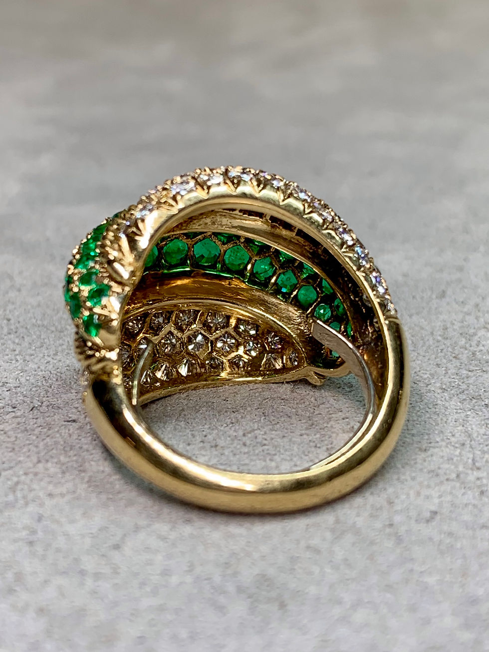 Thumbnail: Vintage 1960’s 18K Yellow Gold Vivid Emerald & Diamond Bombé Dome Cocktail Ring