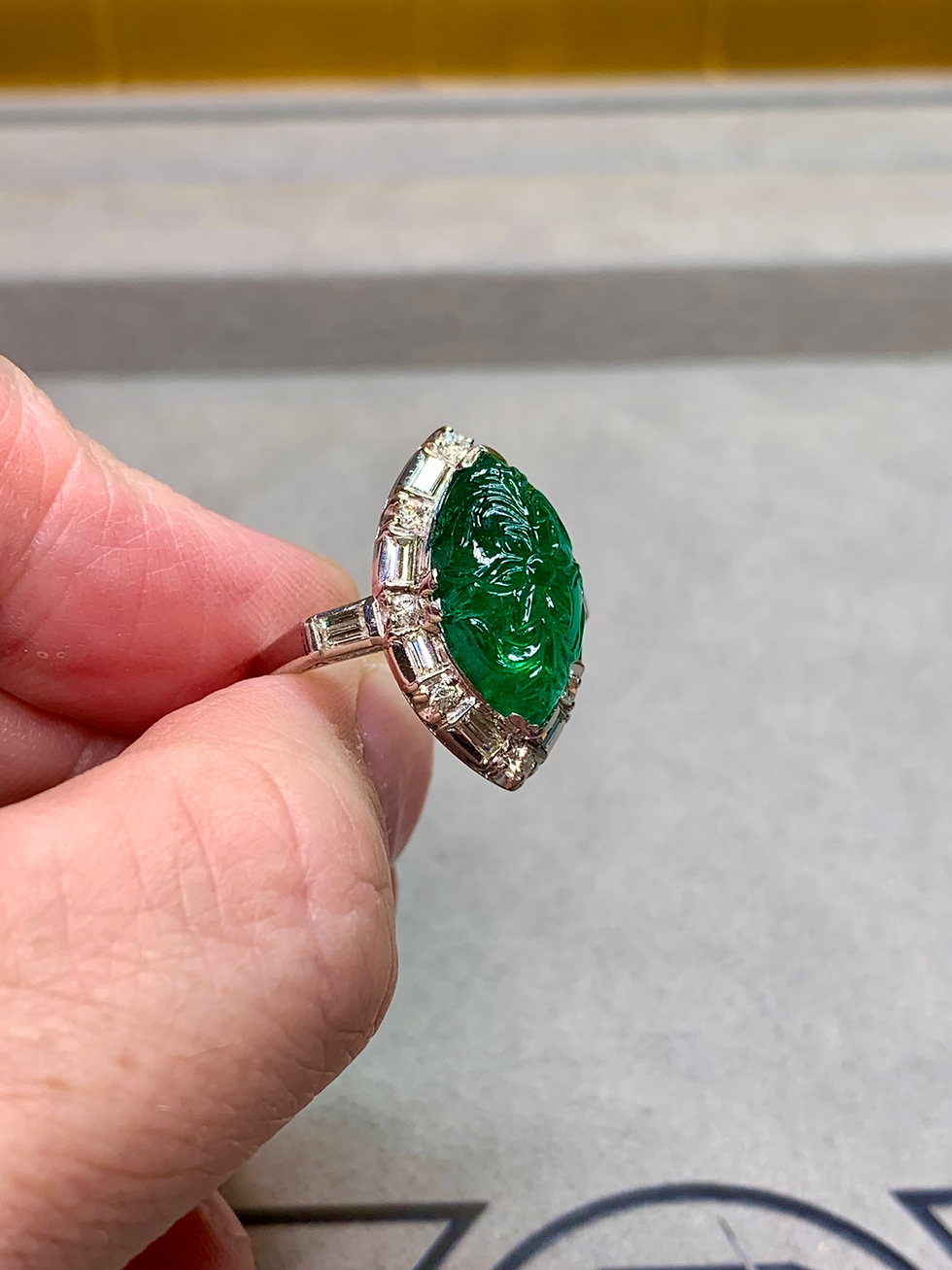 Thumbnail: Antique Art Deco Platinum 7ct Carved Emerald & Diamond Ring Brazil F1 GIA