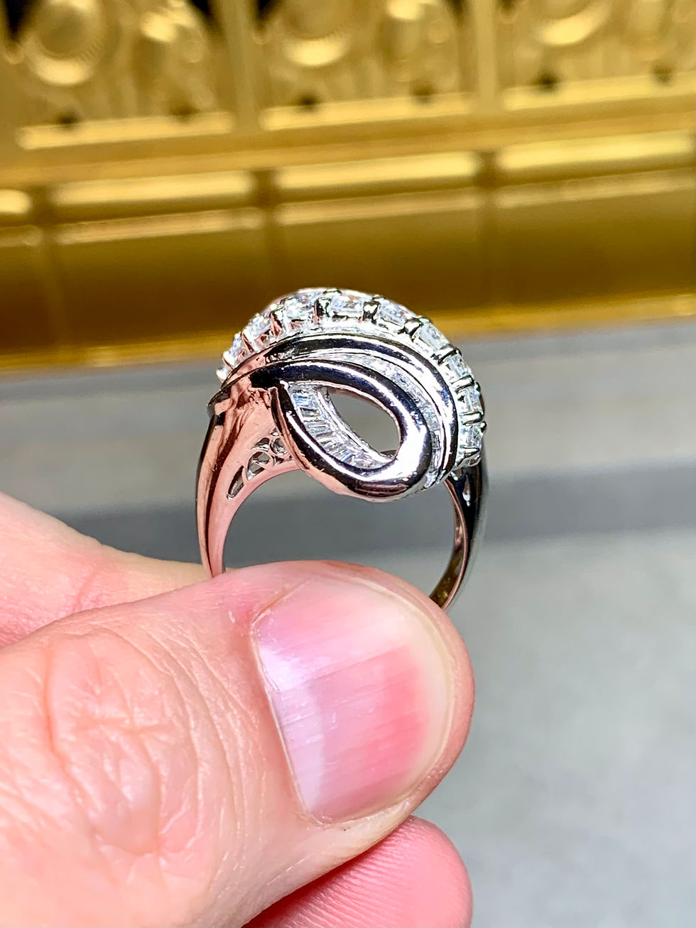 Thumbnail: Estate Platinum Twisted Ribbon Baguette Round Diamond Cocktail Ring 7ctw
