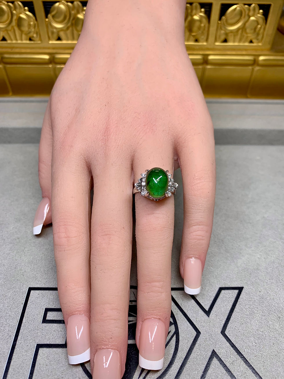 Thumbnail: Estate Platinum High Cabochon Cats Eye Green Tourmaline & Diamond Cocktail Ring