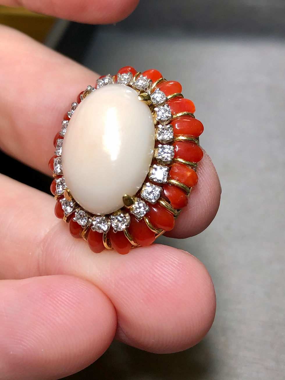 Thumbnail: Vintage 18K Cabochon Red + Angel Skin Coral Diamond Huggie Clip On Earrings 