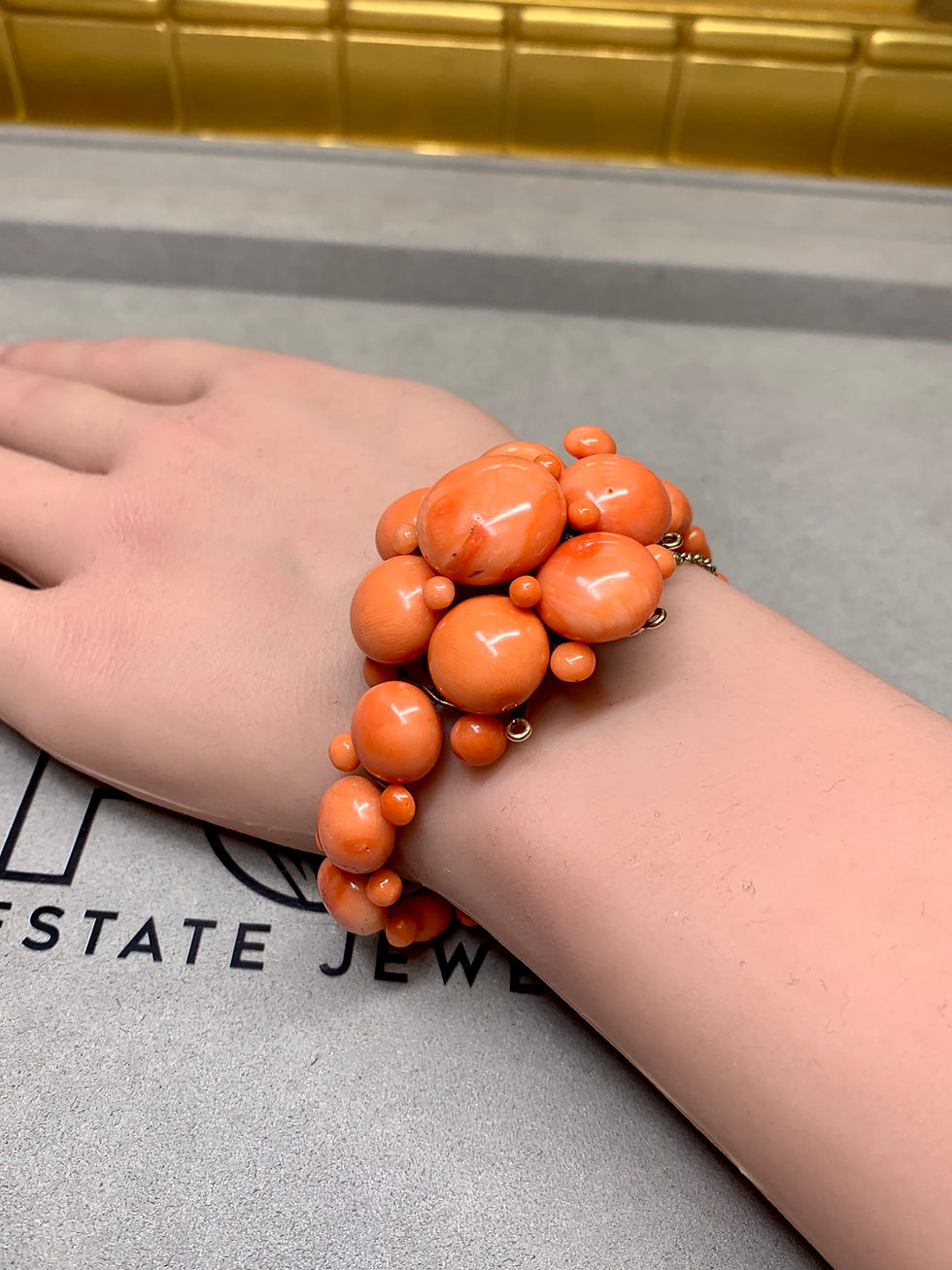 Thumbnail: Antique Victorian 14K Coral Cabochon Hidden Clasp Bracelet 7”