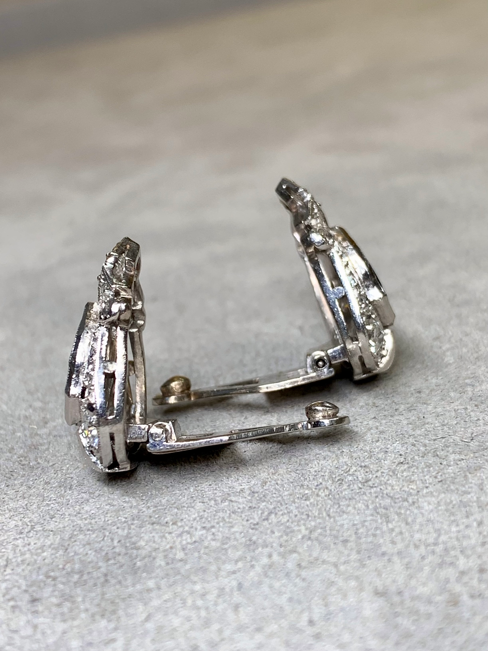 Thumbnail: Art Deco Platinum Shield Sapphire European Diamond Earrings Burma No Heat GIA