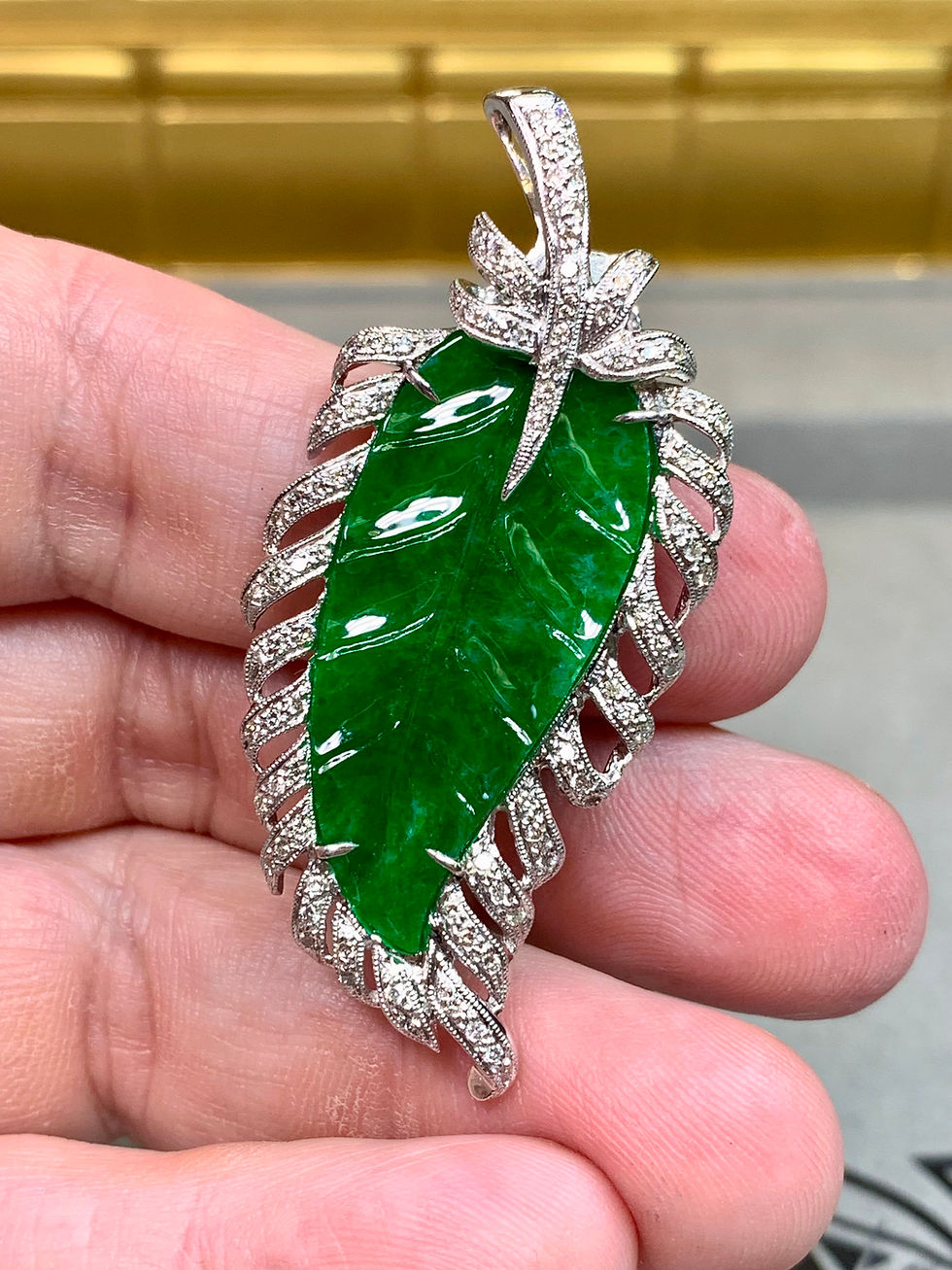 Thumbnail: Estate Platinum Diamond Untreated Vivid Green Jade Leaf Pendant Brooch Necklace 