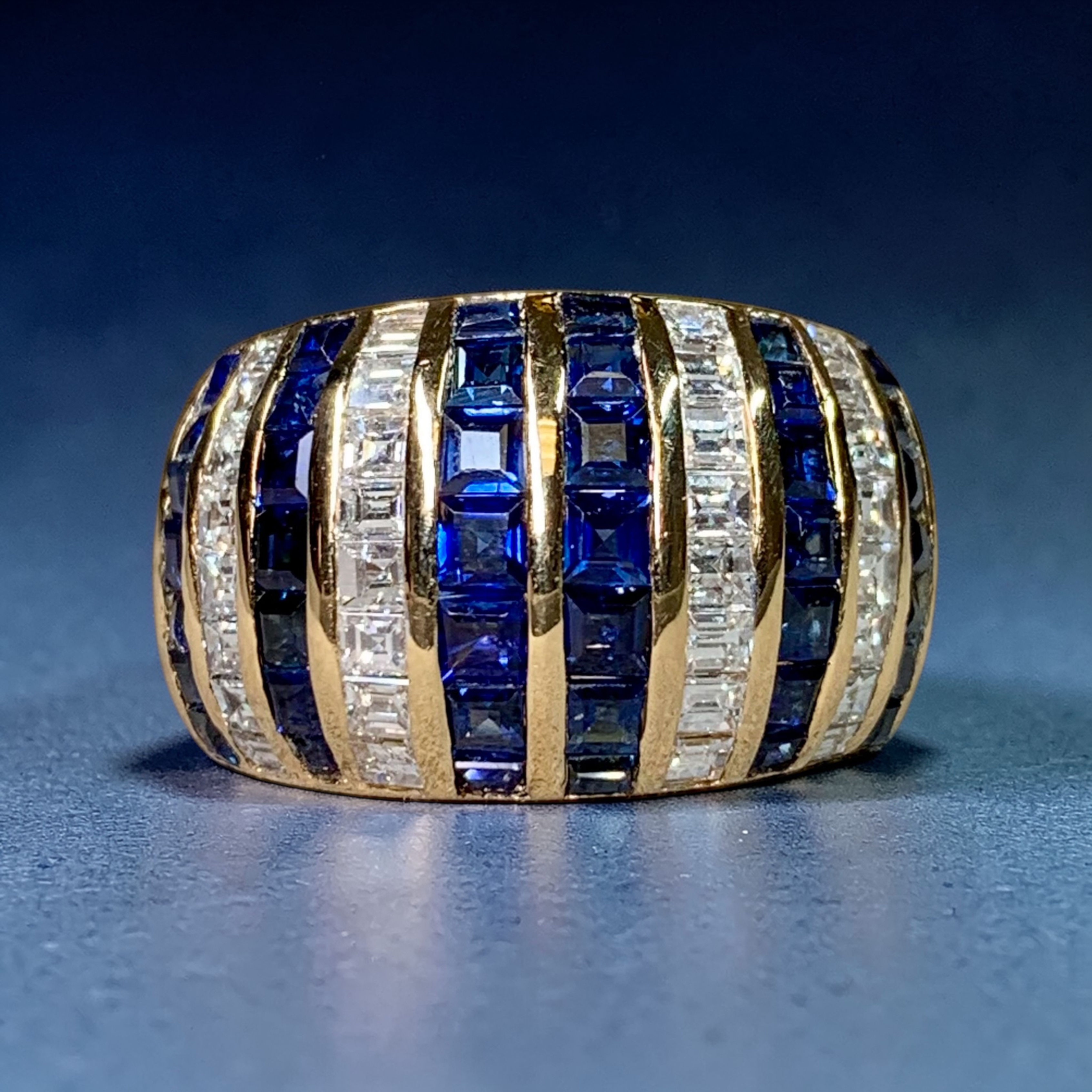 Estate 18K Square Baguette Diamond & Sapphire Channel Set Wide Band Ring Sz 4