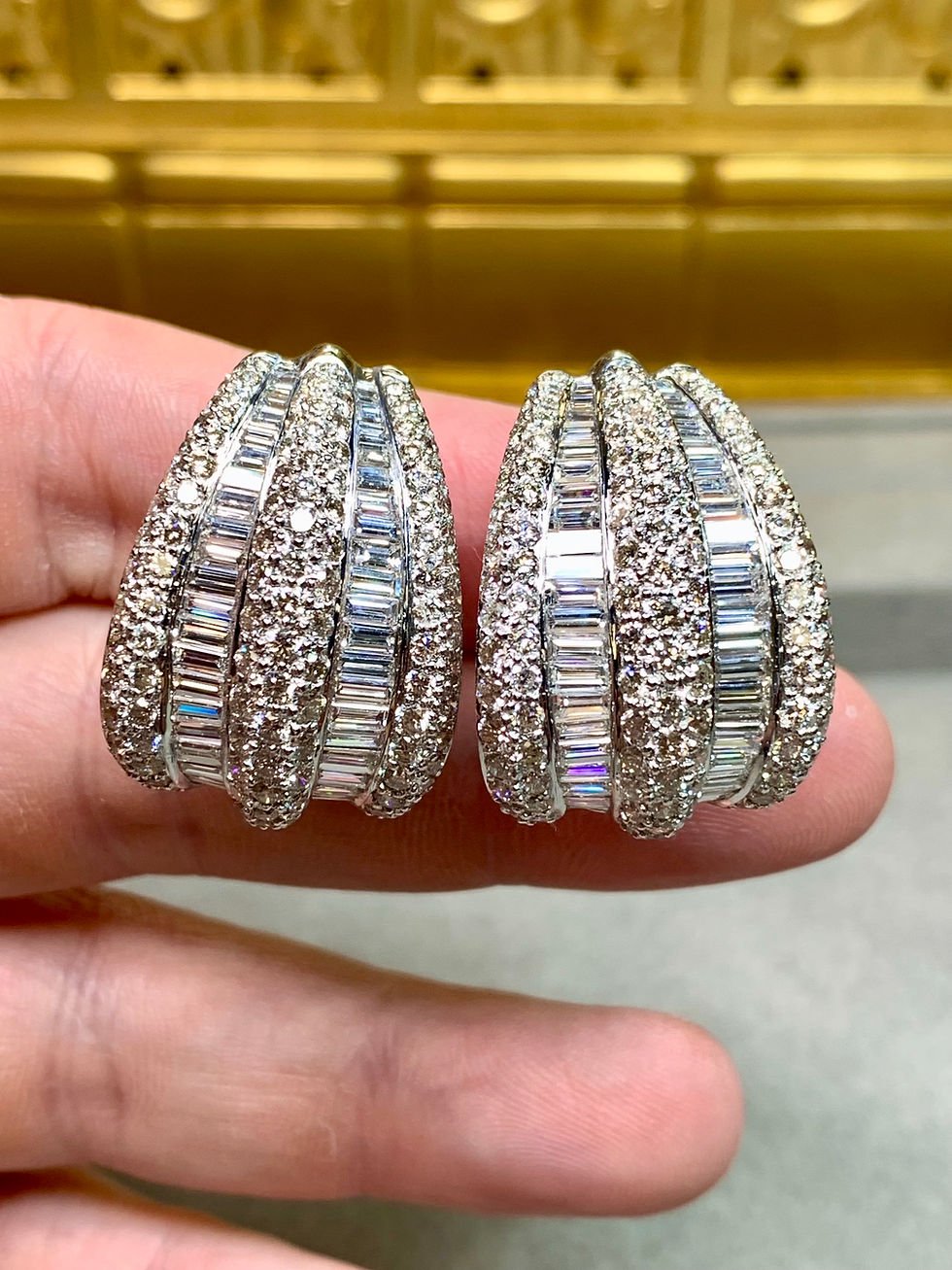 Thumbnail: Estate 18K White Gold Baguette Round Diamond Large Shrimp Huggie Earrings 12ctw