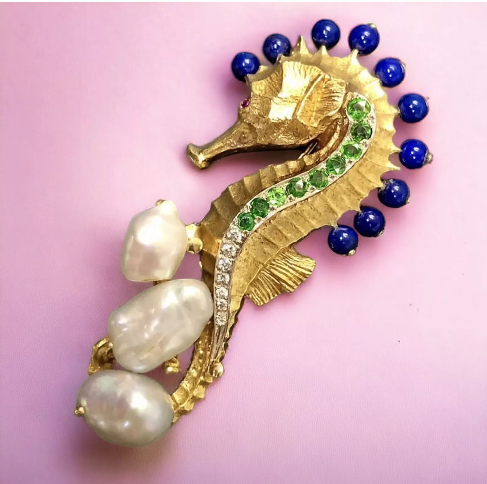 Estate 18K Seahorse Lapis Tsavorite Diamond Pearl Sea Life Brooch Pin
