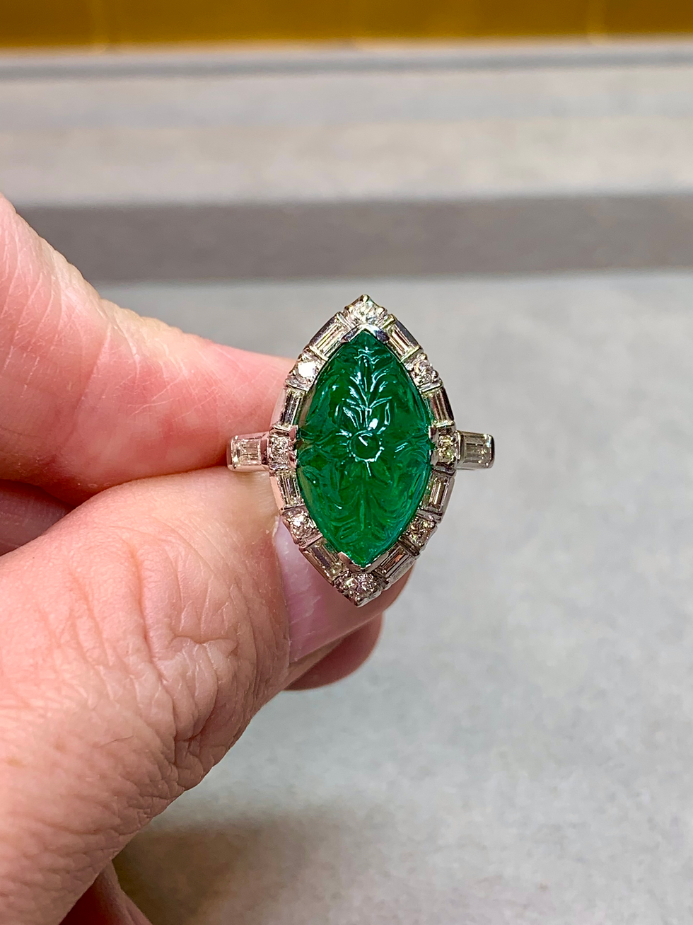 Thumbnail: Antique Art Deco Platinum 7ct Carved Emerald & Diamond Ring Brazil F1 GIA