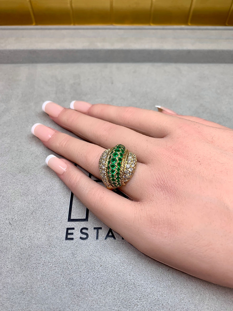 Thumbnail: Vintage 1960’s 18K Yellow Gold Vivid Emerald & Diamond Bombé Dome Cocktail Ring