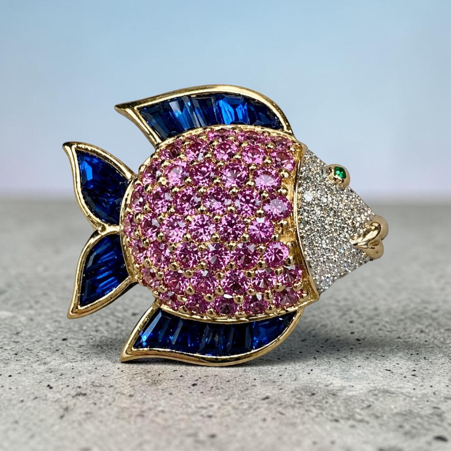 Estate 18K Pink & Blue Sapphire Emerald Diamond Finely Made Fish Pin | Pendant