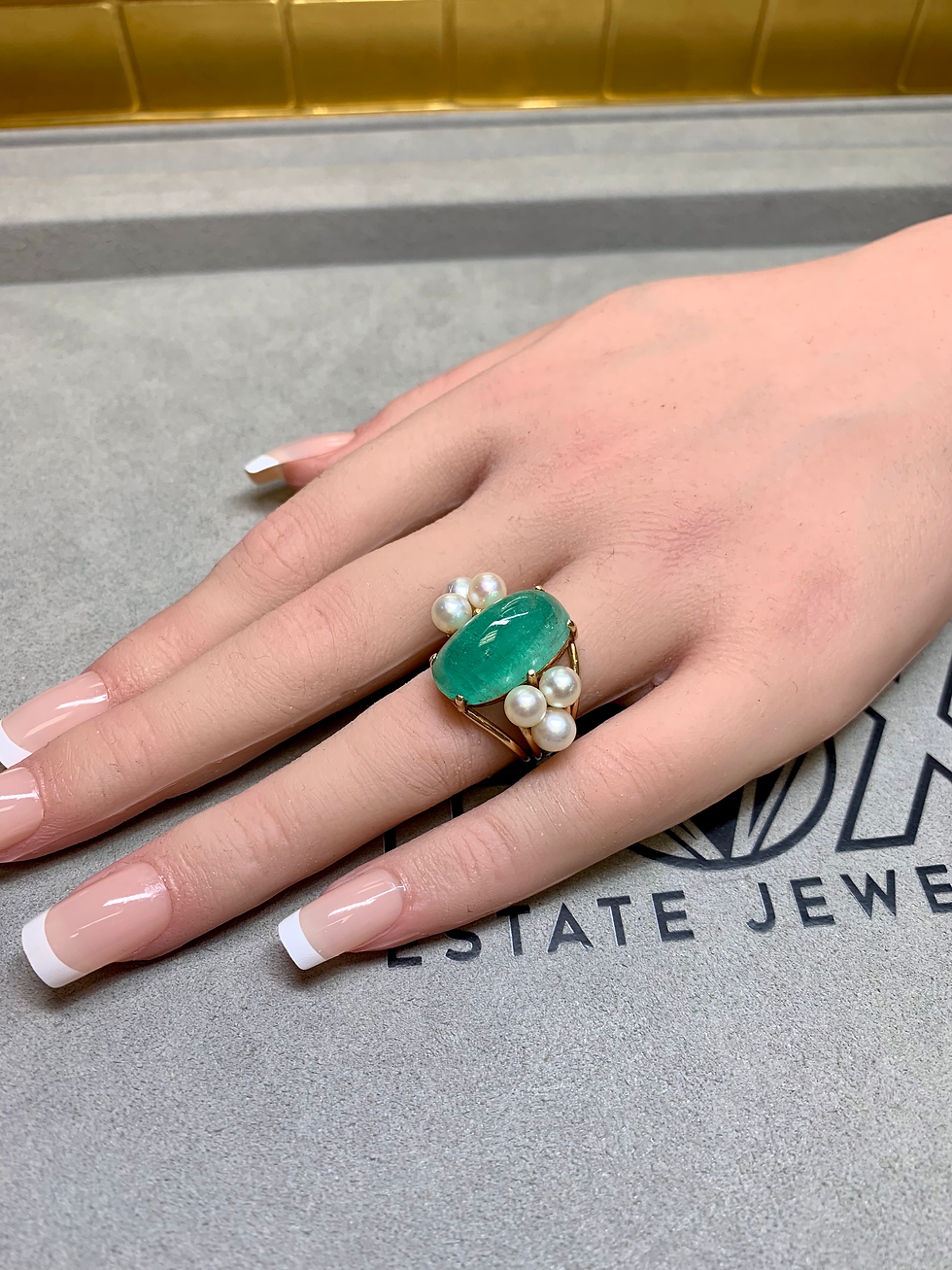 Thumbnail: Vintage 14K Elongated Cabochon Emerald And Pearl Cocktail Ring 14.80ct 
