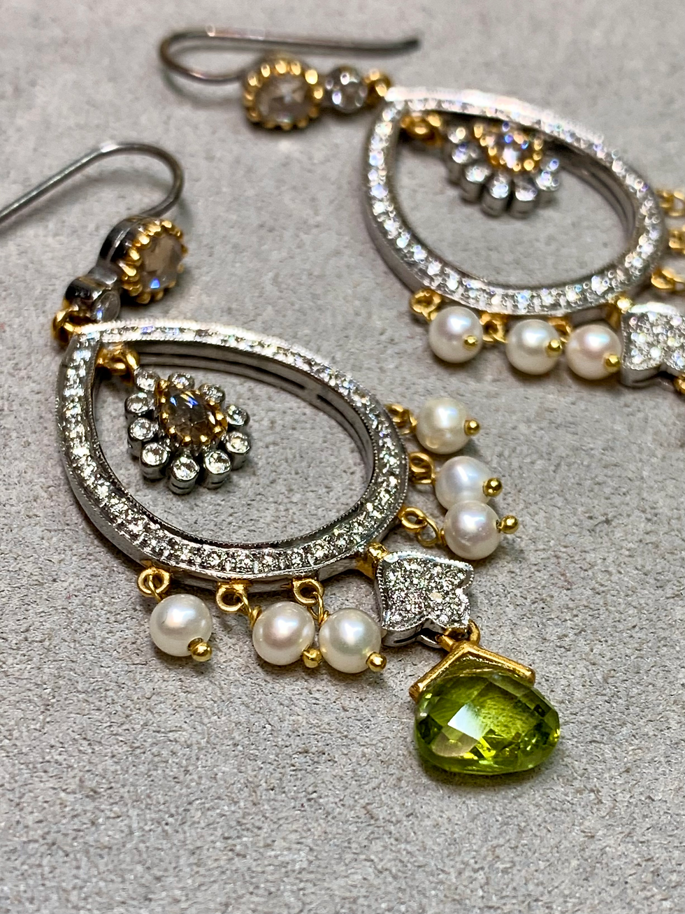 Thumbnail: Estate 18k Two Tone Rose Cut Brown White Diamond Peridot Pearl Drop Earrings