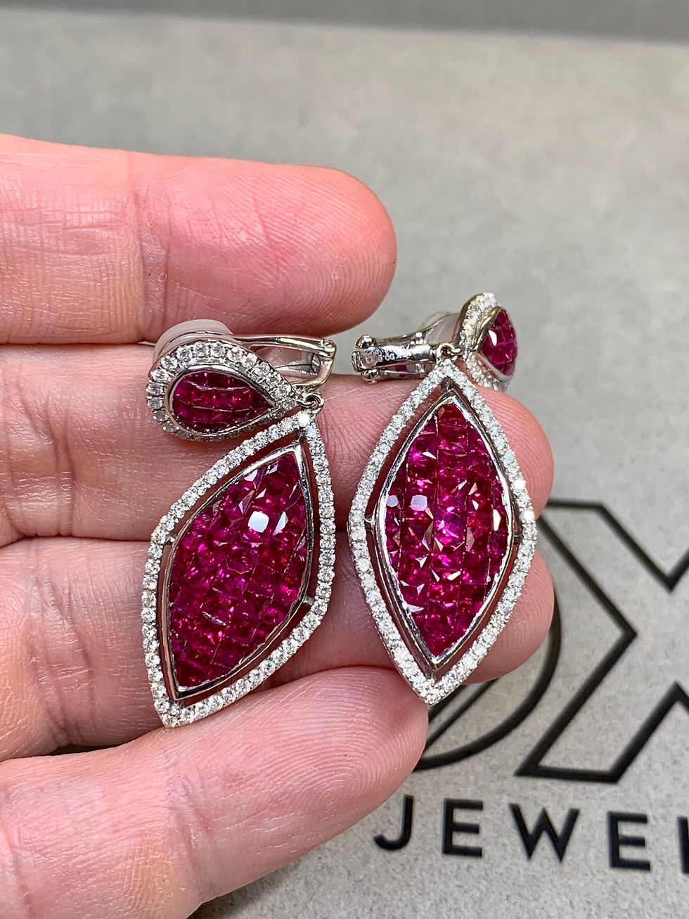 Thumbnail: Estate 18K Invisible Set Vivid Ruby Marquise Shaped Drop Dangle Earrings 9.42ctw