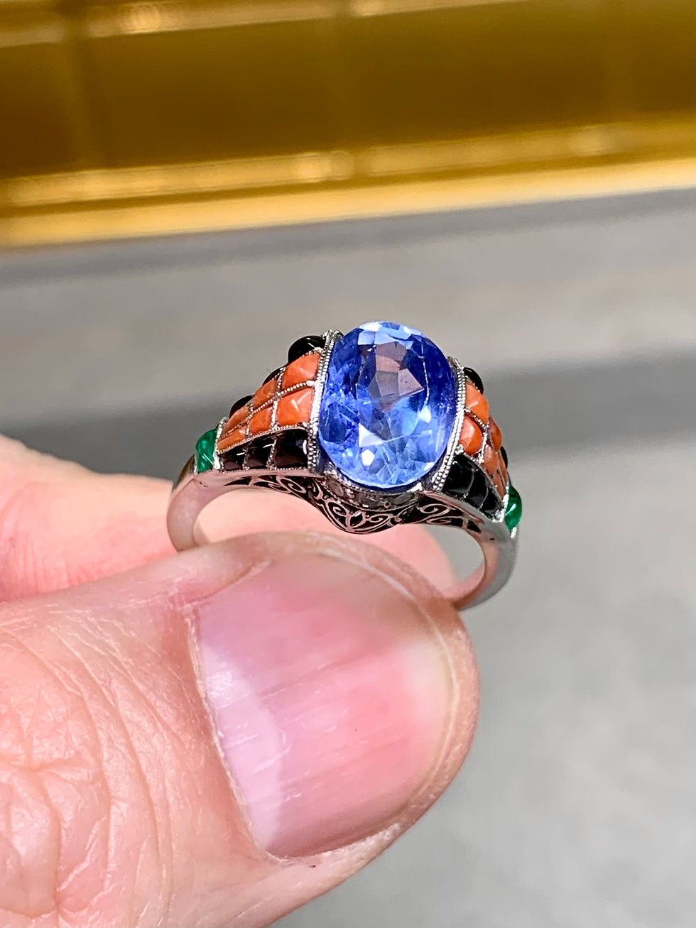 Thumbnail: Vintage Deco Cabochon Coral Onyx Emerald Oval No Heat Sapphire Diamond Ring GIA