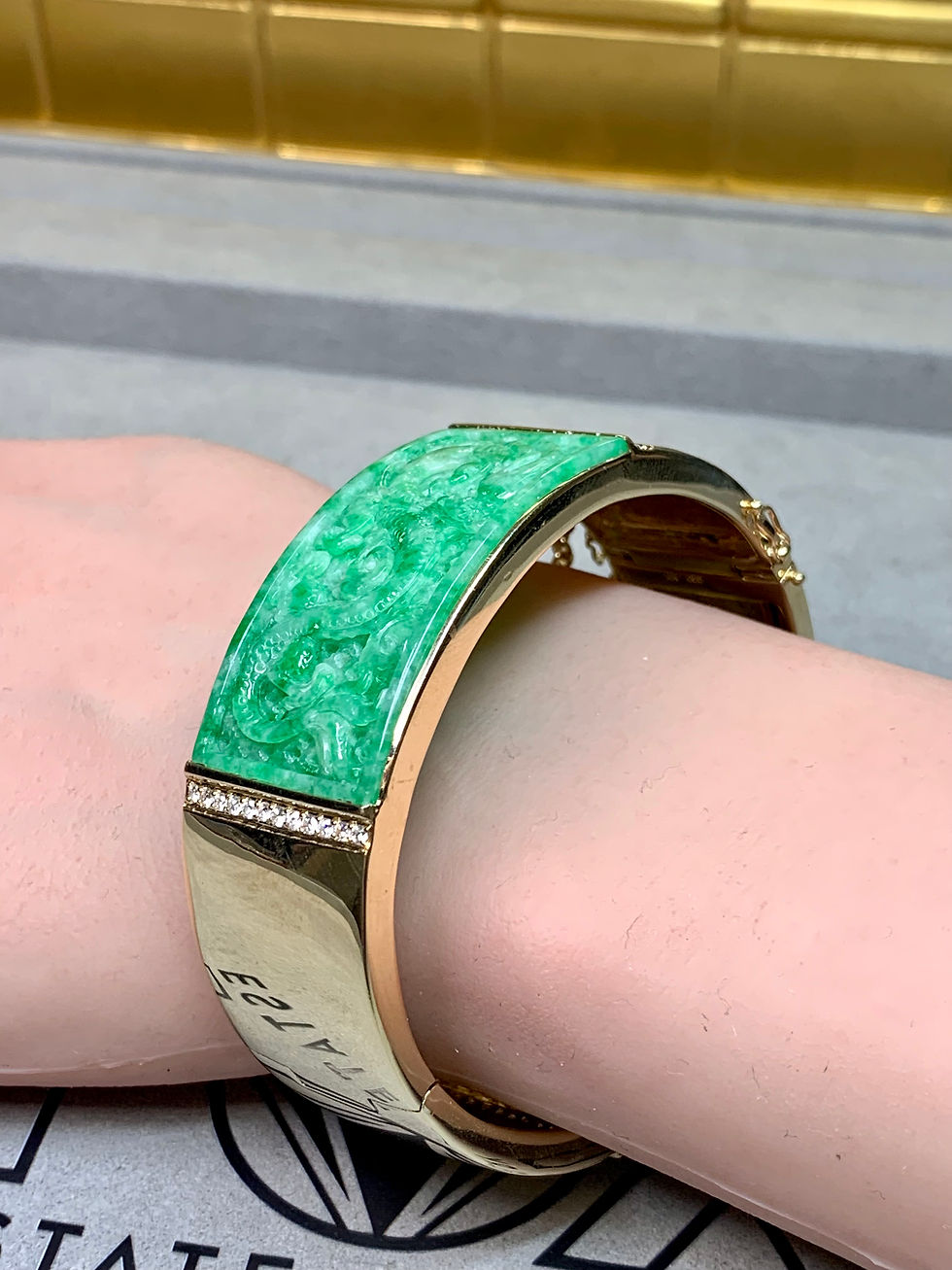 Thumbnail: Vintage 14K GIA Type A Jadeite Carved Panel & Diamond Wide Cuff Bracelet