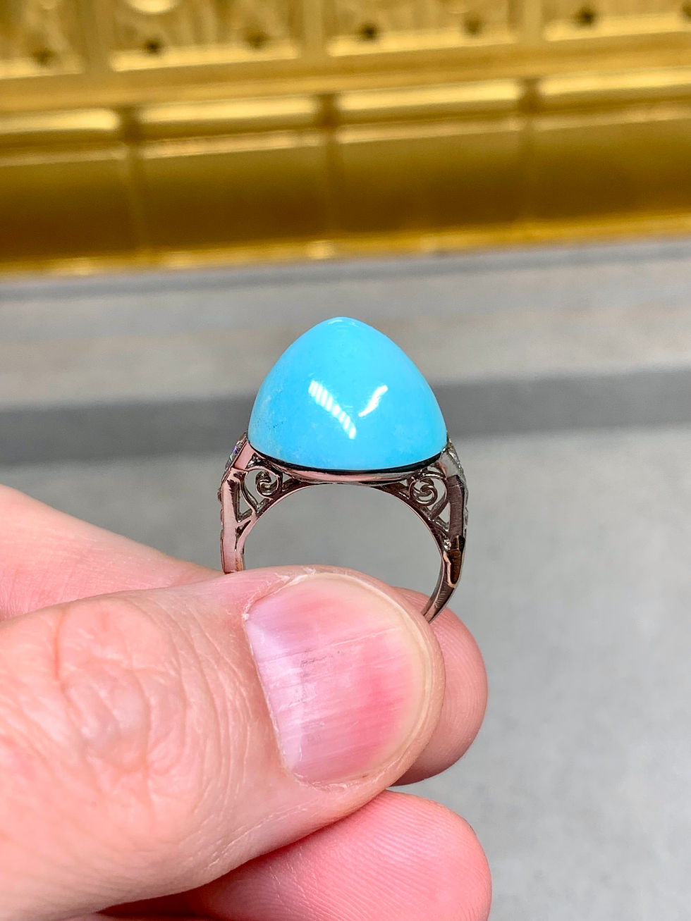 Thumbnail: Platinum Art Deco High Top Cabochon Turquoise Trilliant French Cut Diamond Ring