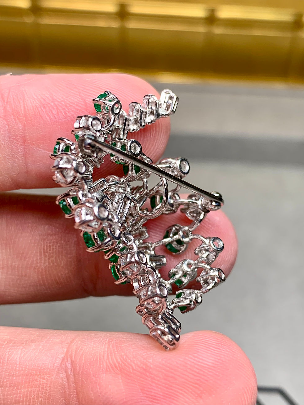 Thumbnail: Vintage 1950’s Platinum Baguette Diamond Emerald Spiral Brooch Necklace 6.50ctw