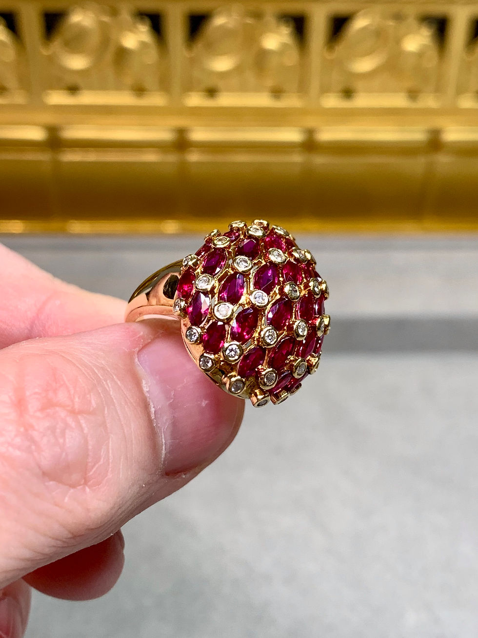 Thumbnail: Estate 18K Yellow Gold Marquise Ruby Diamond Oval Bombé Dome Cocktail Ring