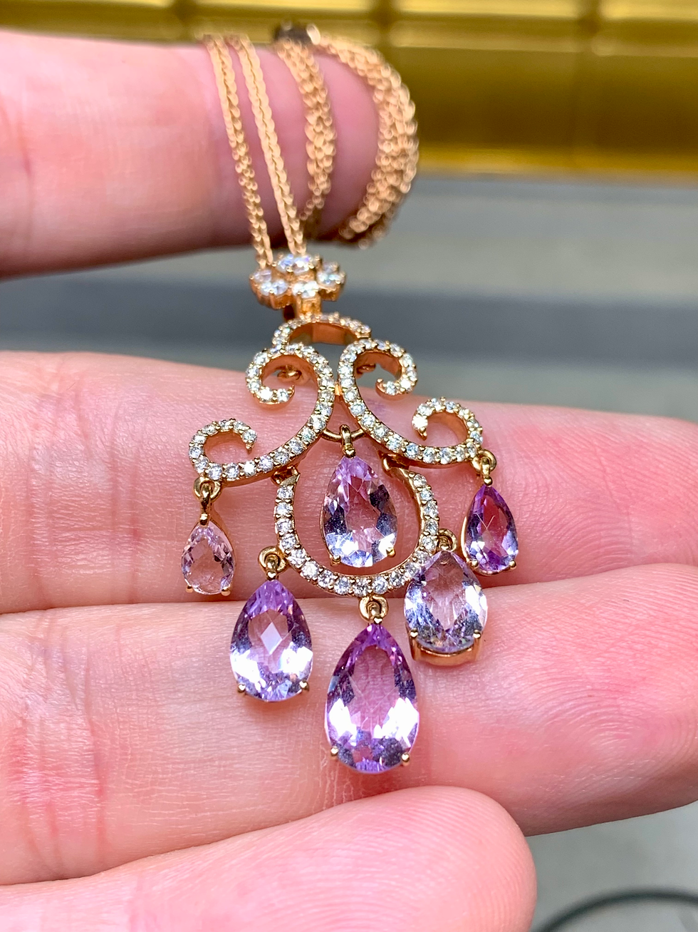 Thumbnail: 18K Rose Gold Diamond Pear Kunzite Articulating Chandelier Pendant Necklace