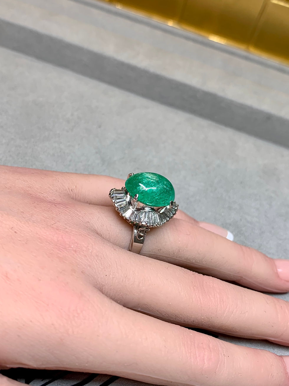Thumbnail: Estate Platinum Cabochon Emerald Baguette Diamond Ballerina Cocktail Ring 14ctw 