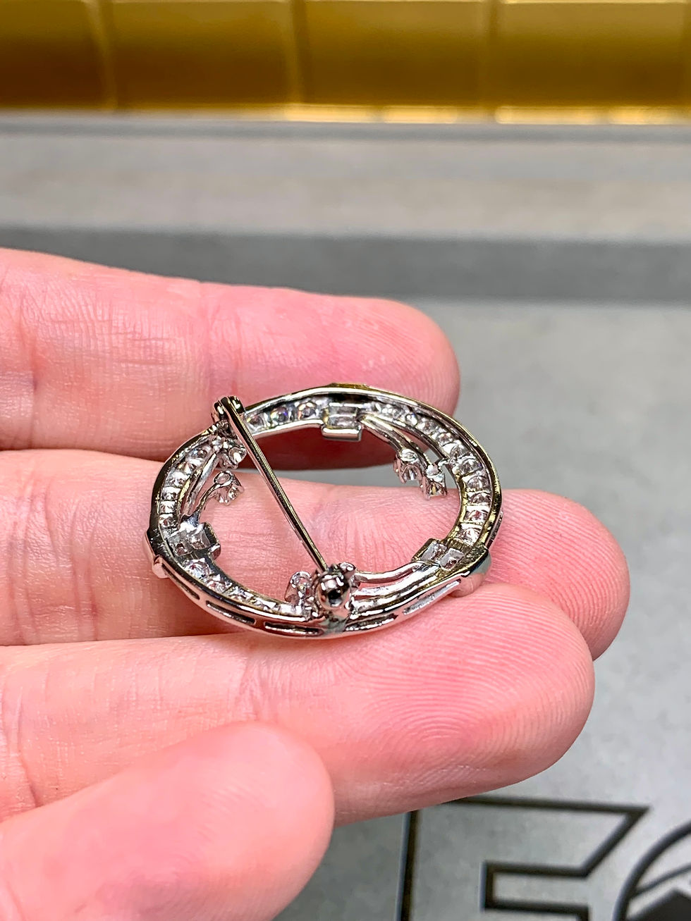 Thumbnail: Vintage 1950’s Retro Platinum Baguette Round Diamond Circle Pin G Vs