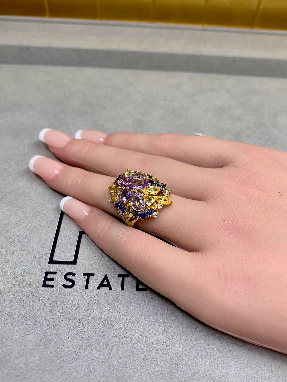 Thumbnail: Estate 18K Multicolored Fancy Shape Sapphire Diamond Large Cocktail Ring 7.30ct 