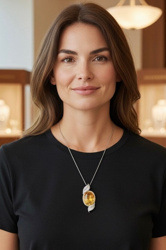 Thumbnail: Contemporary 18K Oval Citrine Pave Diamond Halo Large Pendant Necklace 42.95ctw 
