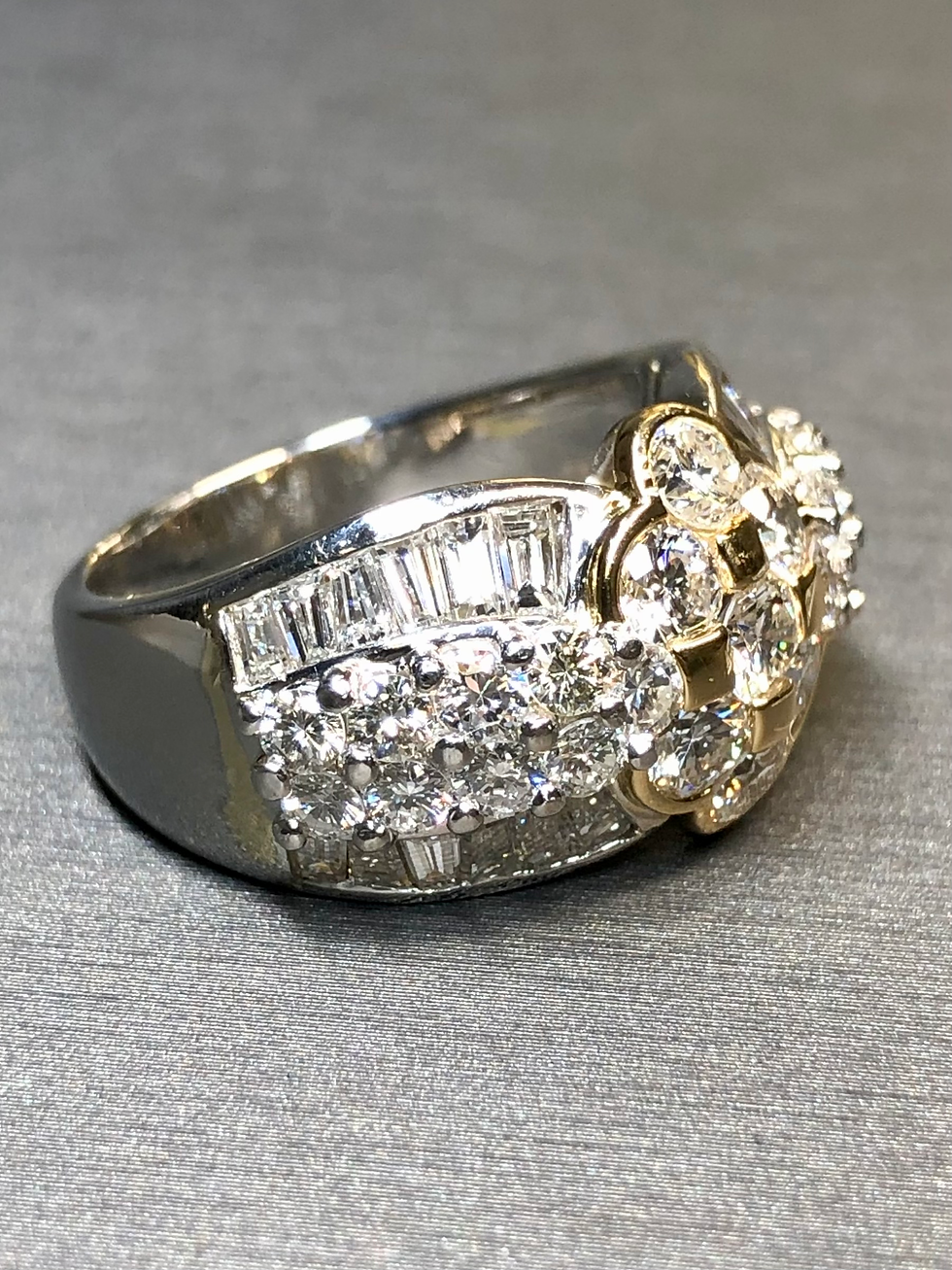 Thumbnail: Estate 18K Platinum Round Channel Baguette Diamond Cluster Cocktail Ring 3.95ctw