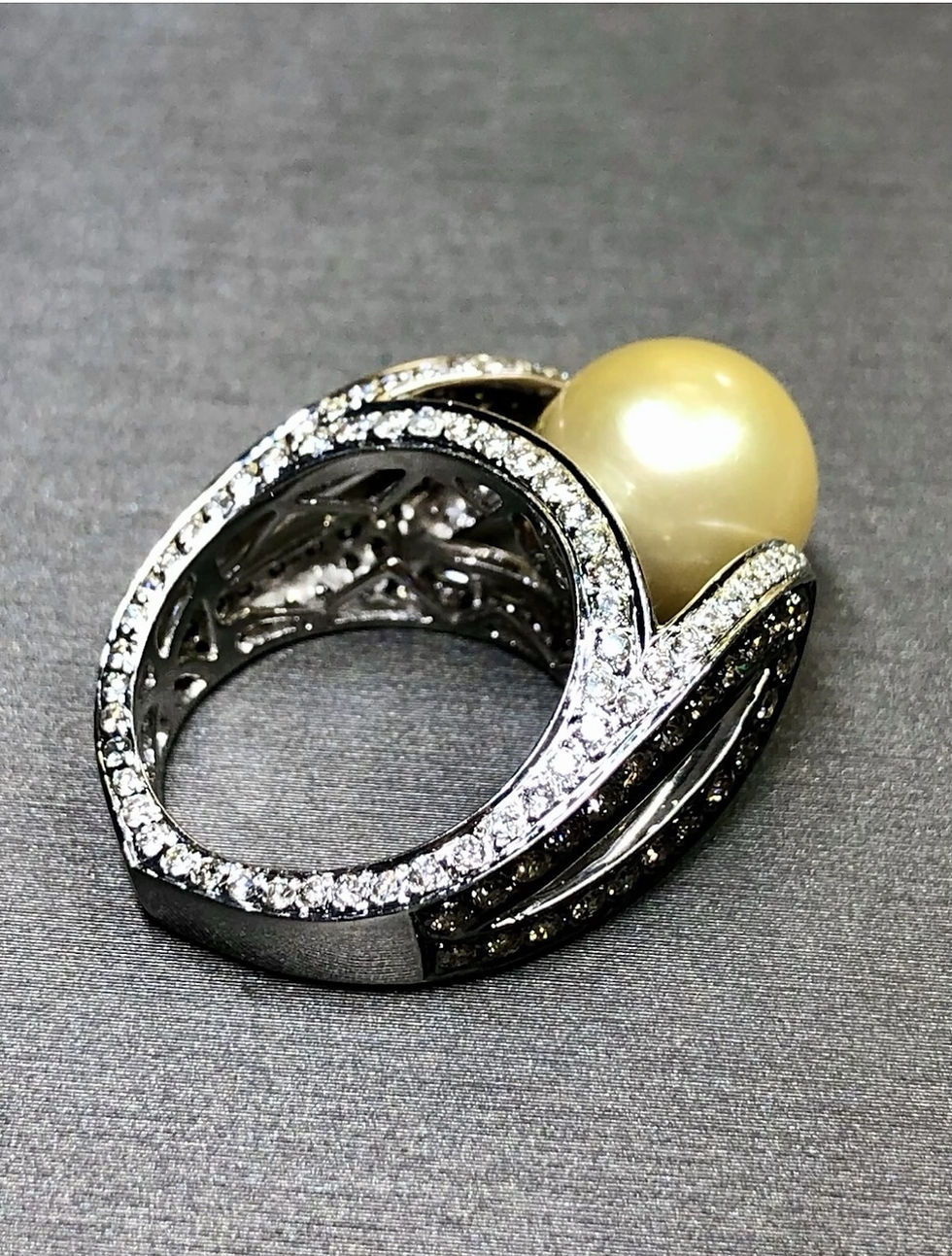Thumbnail: Estate 18K Golden South Sea Pearl Baguette Round Diamond Cocktail Ring 3ctw 