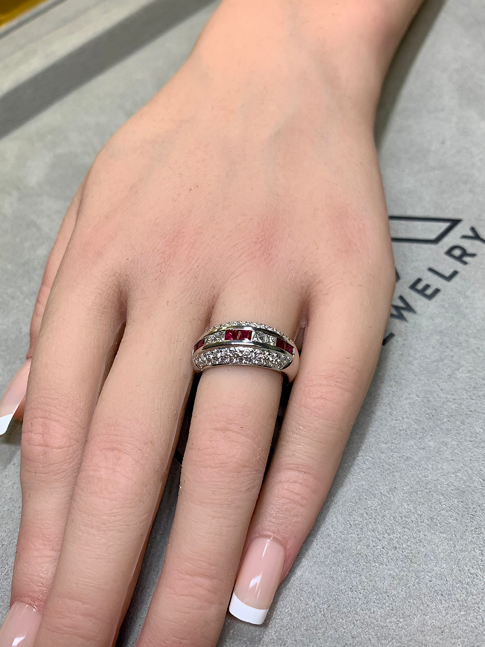Thumbnail: Estate Platinum Pave Round Princess Diamond Square Ruby Wide Band Ring 2.55ctw