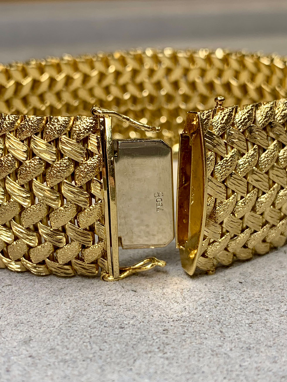 Thumbnail: Vintage 1950’s 18K Yellow Gold Wide Basketweave Wide Wrap Bracelet 7.50”