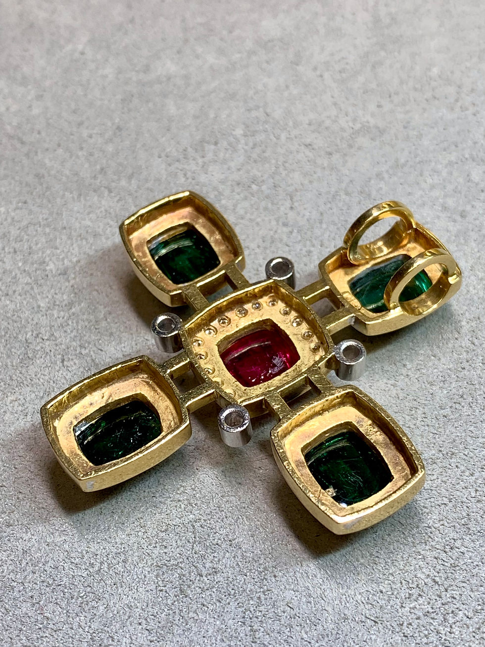 Thumbnail: Estate 18K Sugarloaf Cabochon Green Pink Tourmaline Large Diamond Cross Pendant