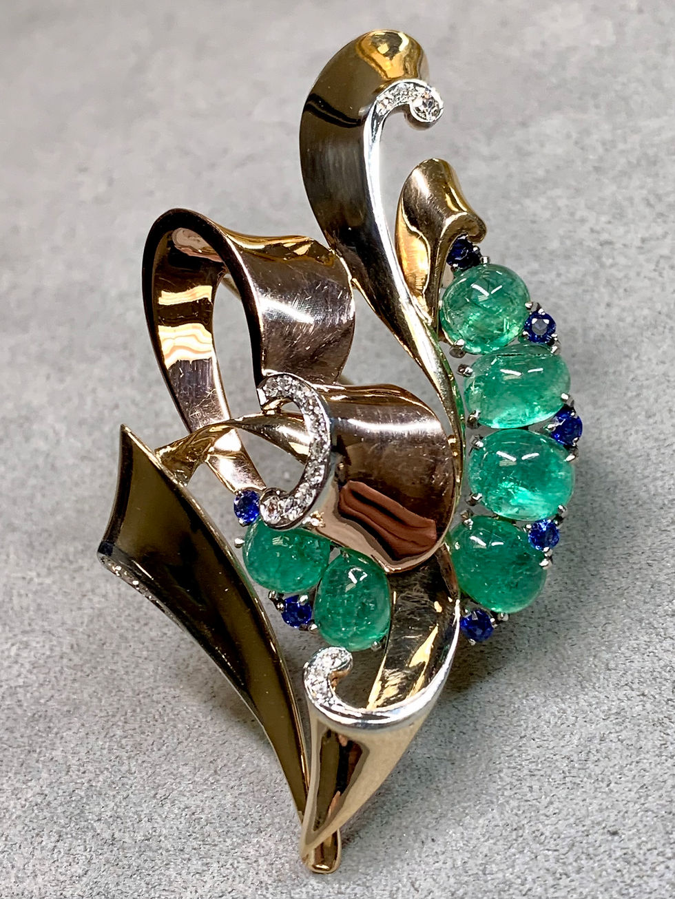 Thumbnail: Vintage 14K Platinum Trabert Hoefer Mauboussin Emerald Sapphire Diamond Brooch 