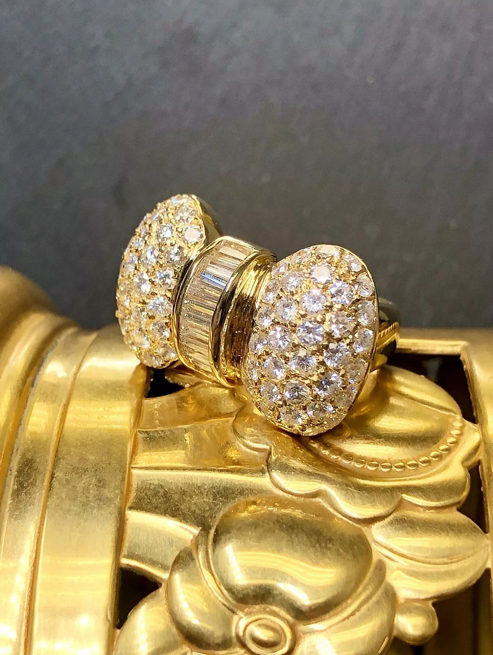 Thumbnail: Estate 18K Pave Baguette Round Diamond Bow Cocktail Ring 3.40cttw Size 5.75