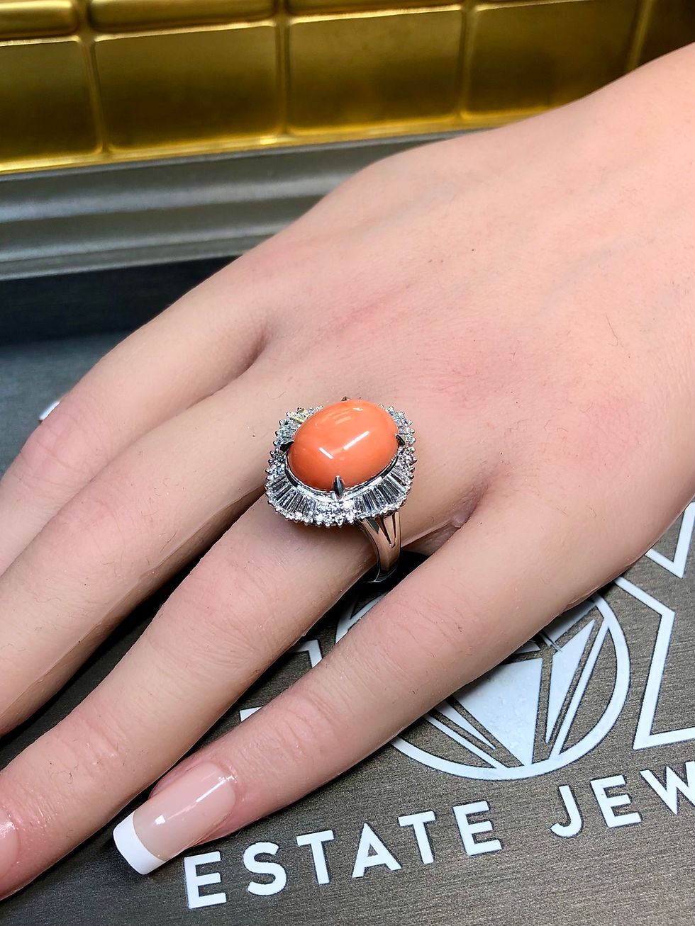 Thumbnail: Estste Platinum Baguette Diamond Coral Cabochon Ballerina Cocktail Ring 8.69ctw 