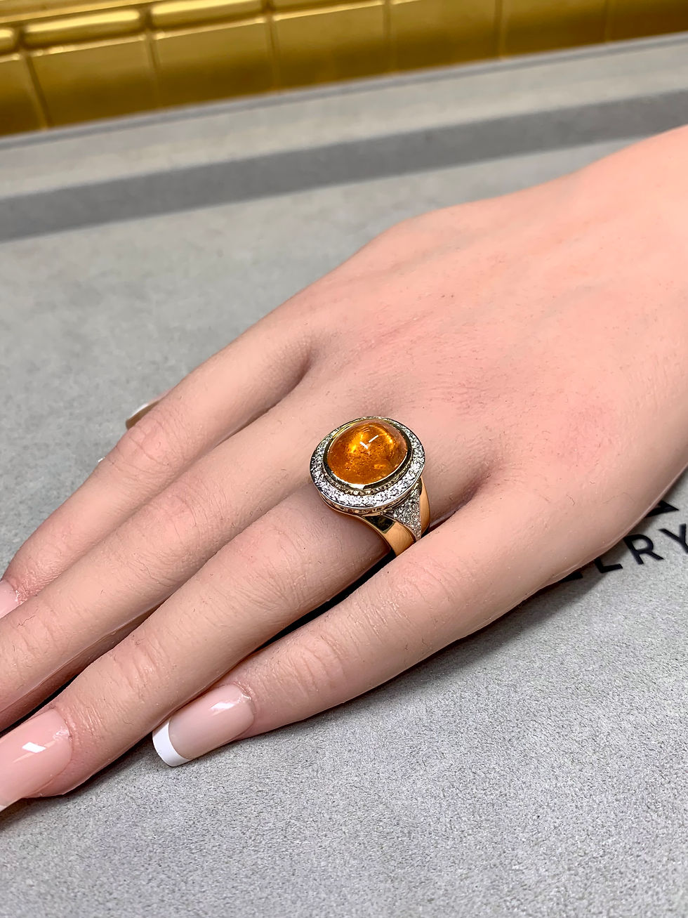 Thumbnail: Vintage 18K High Domed Cabochon Orange Spessartine Garnet & Diamond Ring 