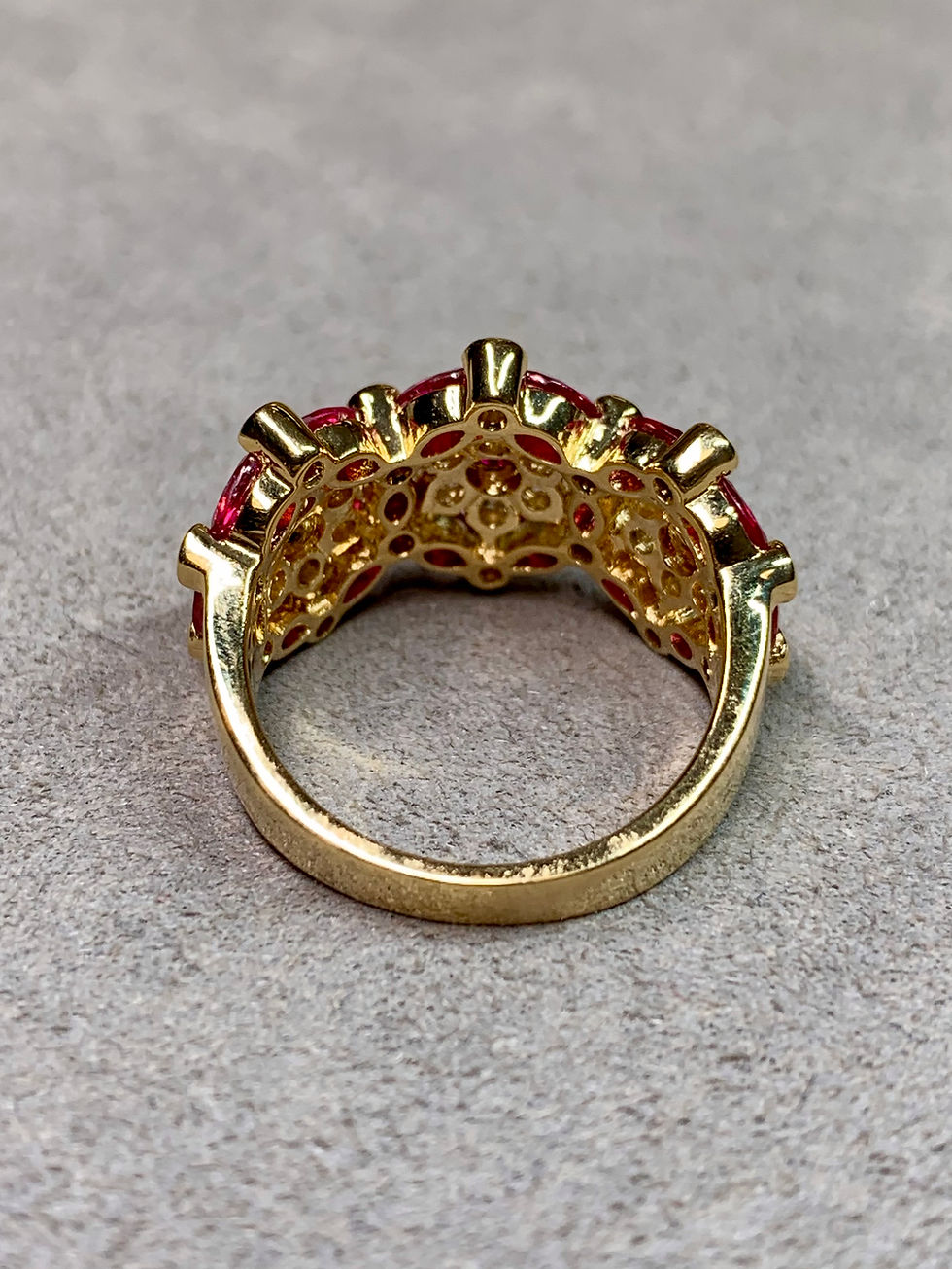 Thumbnail: Estate 18K Vivid Marquise Ruby & Diamond Triple Section Floral Wide Band Ring