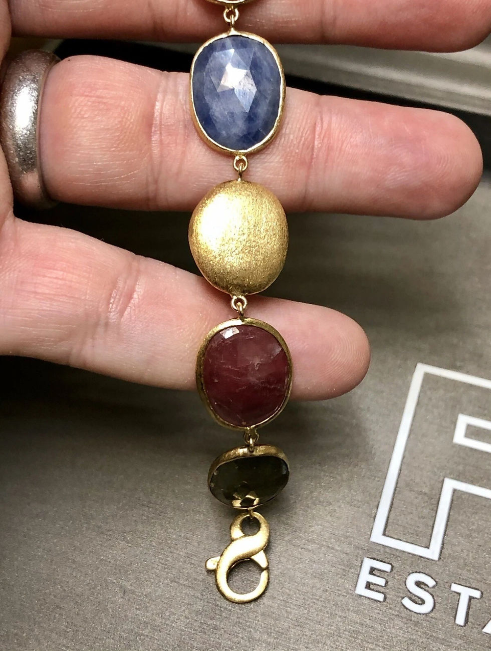 Thumbnail: Estate 18K Yellow Gold Large Rose Cut Sapphire  Ruby Pebble Textured Bracelet 7”