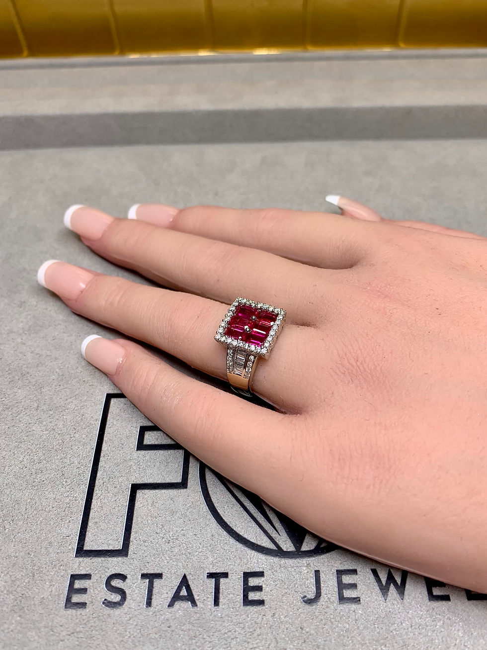 Thumbnail: Contemporary 18K Vivid Red Emerald Cut Ruby And Diamond Geometric Cocktail Ring 