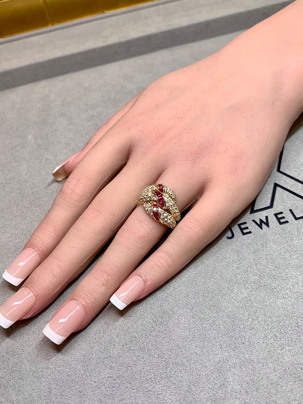 Thumbnail: Estate 18K Pavé Diamond Bypass Carré Cut Ruby Ribbon Cocktail Ring