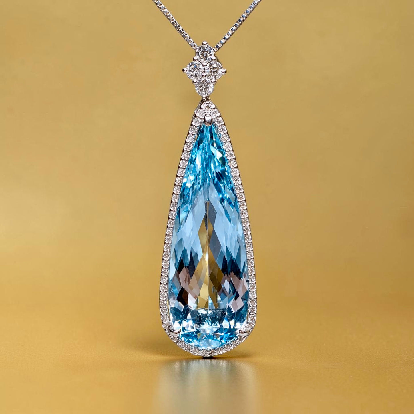 Estate 18K Long Teardrop Aquamarine Diamond Silhouette Pendant & Platinum Chain